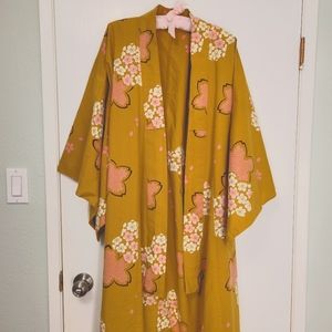 100% Cotton Floral Mustard Yellow Kimono Style Robe made in Japan